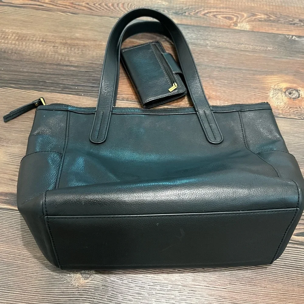 FOSSIL TOTE WALLET SET GENUINE LEATHER BLACK GOLD HARDWARE